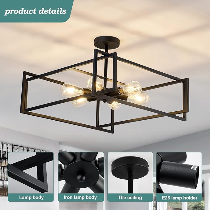 ZGLAOJT 6-Lights Close to Ceiling Light 22.83 Inch Black Light Fixture - Image 3