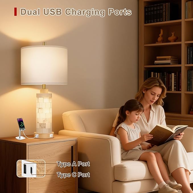 27" Natural Alabaster And Wood Table Lamp Set of 2 - Image 4
