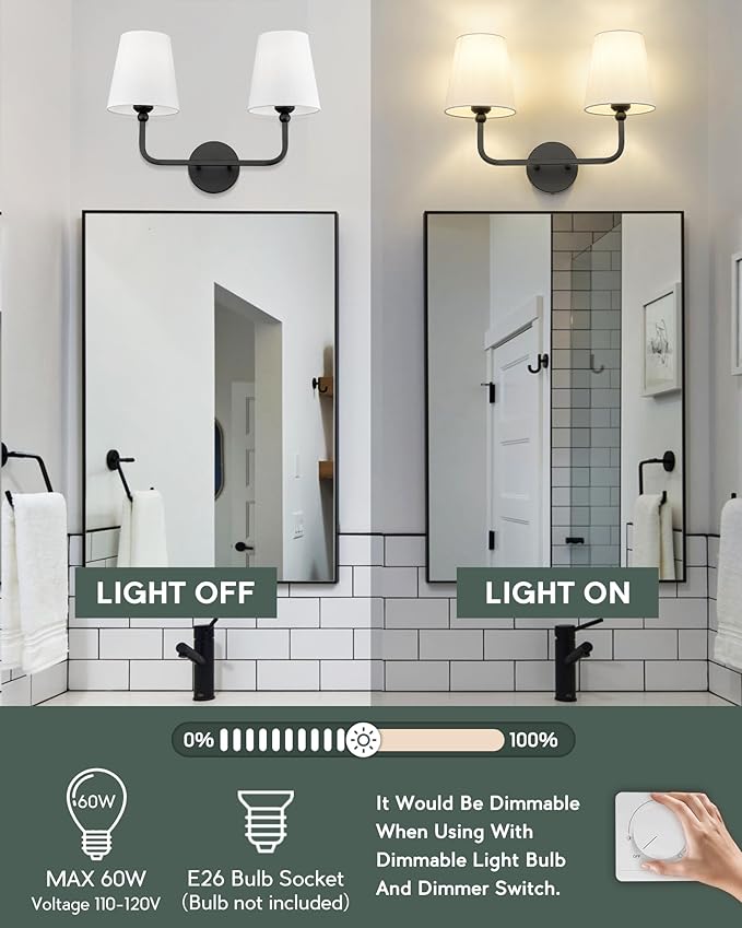 2-Light Bathroom Vanity Light Fixtures in Matte Black Finish, Modern Bedside - Image 2