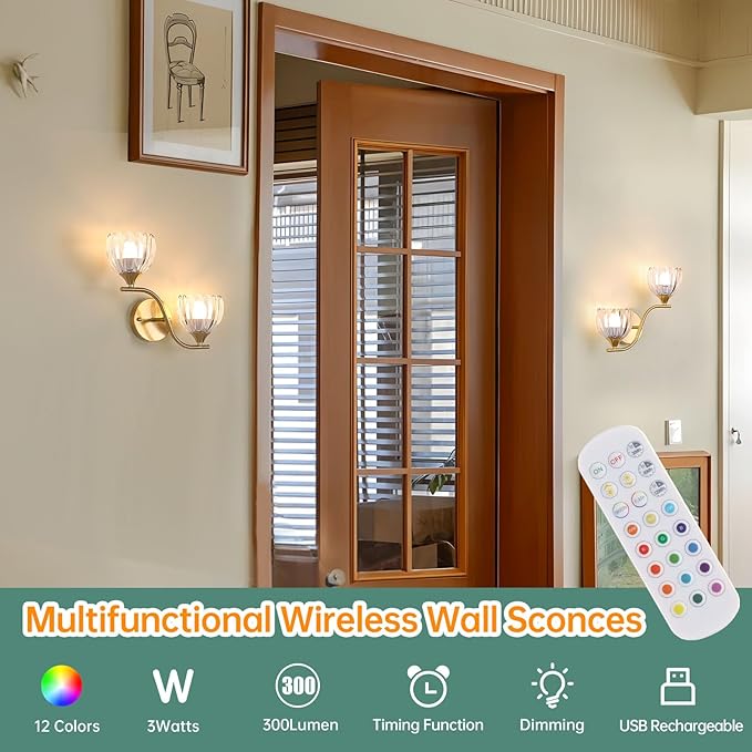 Battery Operated Wall Sconce, 2-Lights Vinatge Brass Wall Lighting - Image 2