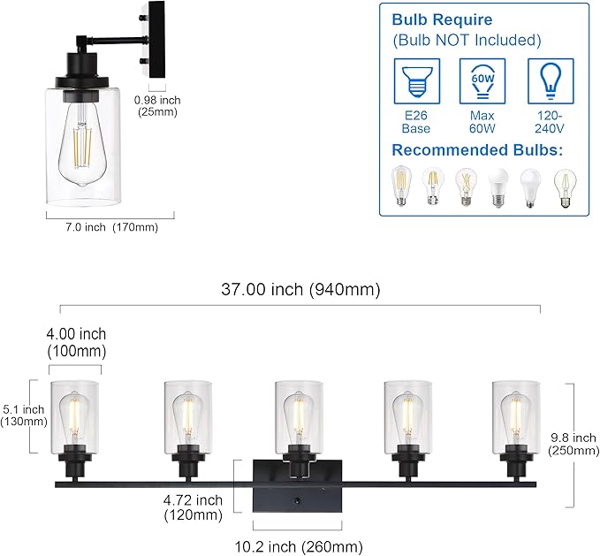 MELUCEE 40 Inches Length 5-Light Bathroom Vanity Light Fixtures Black - Image 4