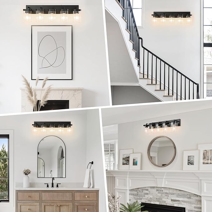 5-Light Bathroom Lighting Fixtures over Mirror, Matte Black Vanity Lights - Image 4