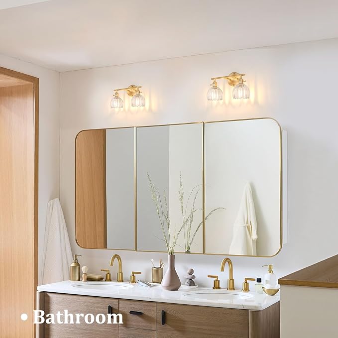 Bathroom Light Fixtures, 2-Light Brass Vanity Wall Light Over Mirror - Image 2