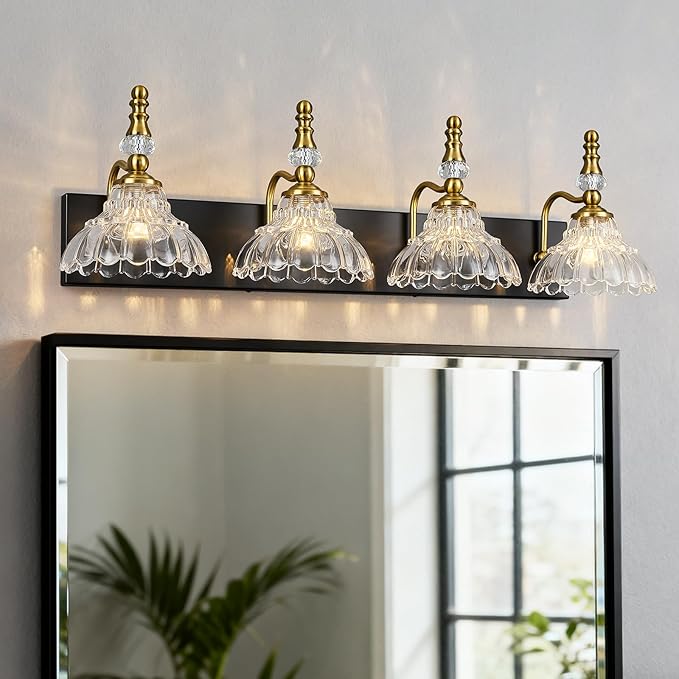 Vintage Bathroom Vanity Light, 4-Light Black Gold Vanity Lighting Fixture by LBSQJ