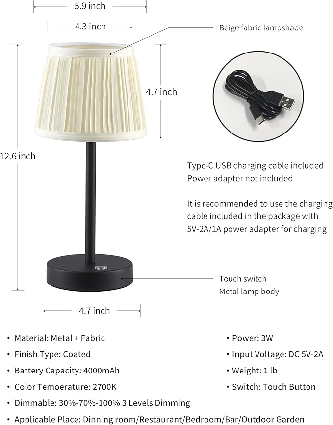 PUSU Cordless LED Black Table Lamp, Rechargeable 4000mAh 3 Way Dimmable Bedside - Image 5