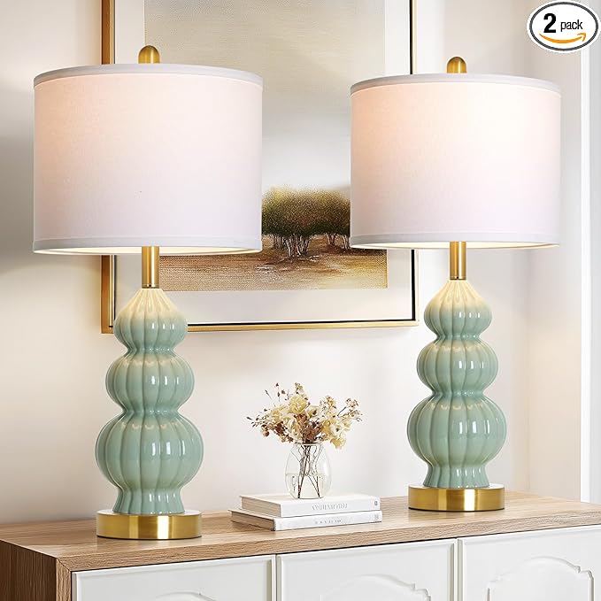 Green Ceramic Lamps Set of 2, 26.5" Modern Table Lamps by Rinweey