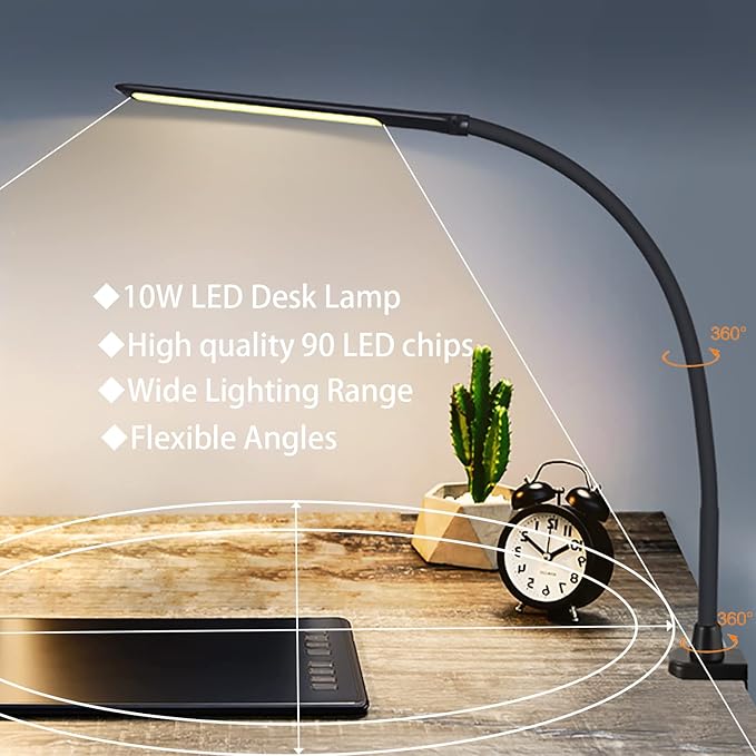 YOUKOYI LED Desk Lamp with Clamp, 10W Swing Arm Clamp Lamp, 5 Brightness Levels - Image 5