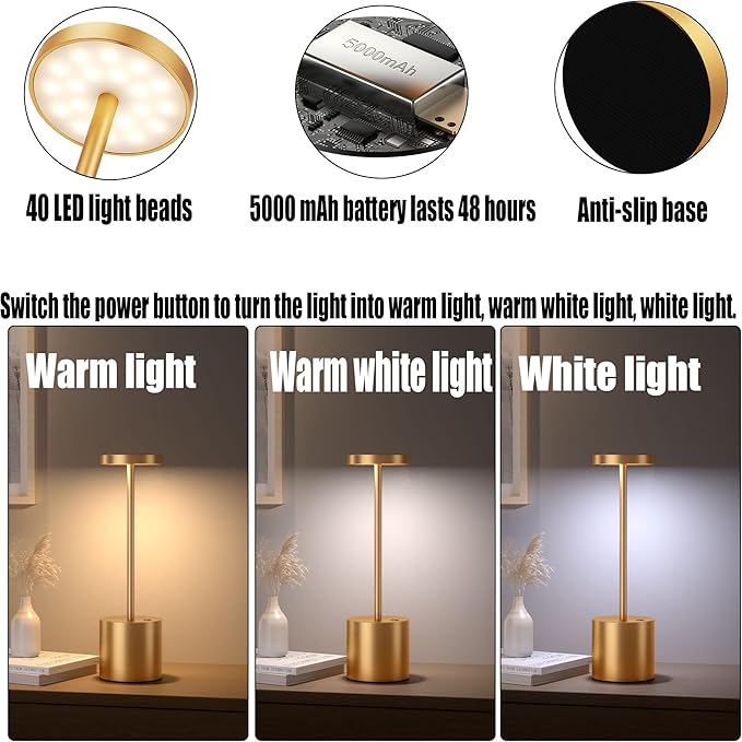 2Pack Cordless Table Lamp, Rechargeable LED Battery 5000mAh Metal USB Portable - Image 3