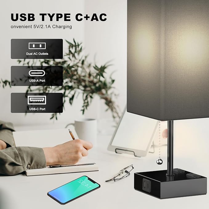 Table Lamp for Bedroom with USB, Bedside Lamp with USB C+A Charging Ports - Image 3