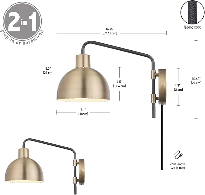 GLOBE Electric 51719 1-Light Plug-in or Hardwire Wall Sconce, Antique Brass - Image 8