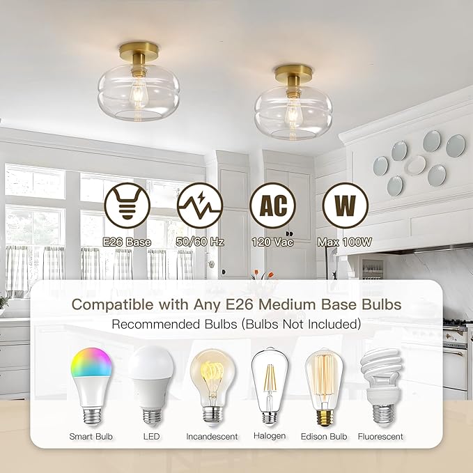 Semi Flush Mount Ceiling Light Fixture, 10-1/2 Inch Clear Glass Shade, Brushed - Image 7