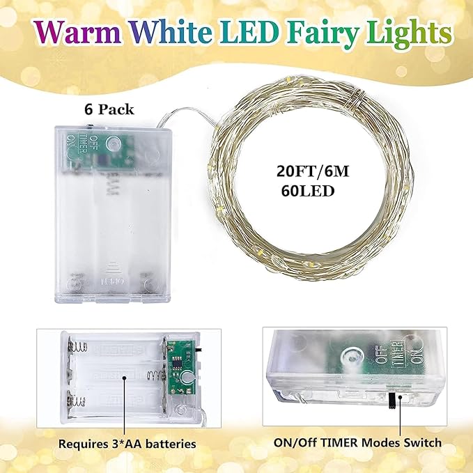 6 Pack Christmas Fairy Twinkle Lights Battery Operated, 3 Pack Cool Whie & 3 - Image 2