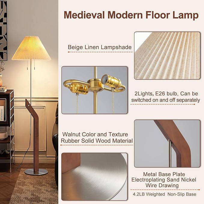 Wood Floor Lamp, 2-Light Modern Mid Century Vintage Floor Lamp, Height - Image 3