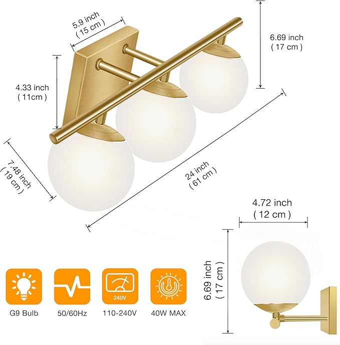 New Bathroom Vanity Light 3 Lights Fixtures Brushed Brass Milk White Globe - Image 4