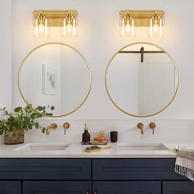 2 Light Modern Bathroom Light Fixtures Over Mirror, Brass Finish Vanity Lights - Image 2