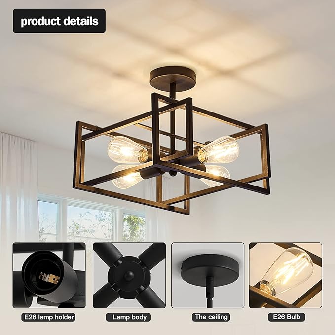 ZGLAOJT 4-Lights Close to Ceiling Light，Black Light Fixture Industrial Flush - Image 3