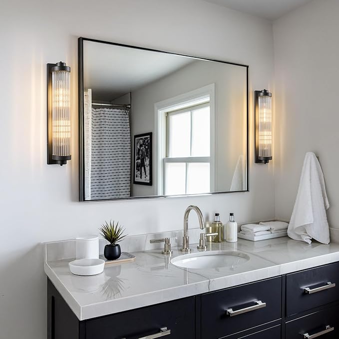 Black Wall Sconces with Crystal Glass Strip Bathroom Sconces 2 Light E12 Base - Image 3