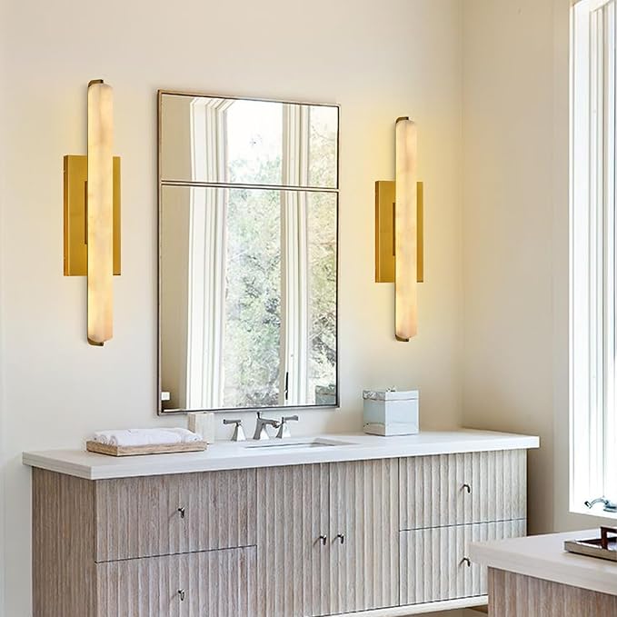 Alabaster Wall Sconces Set of Two, 25in Brass Alabaster Sconce, Modern Spanish - Image 5
