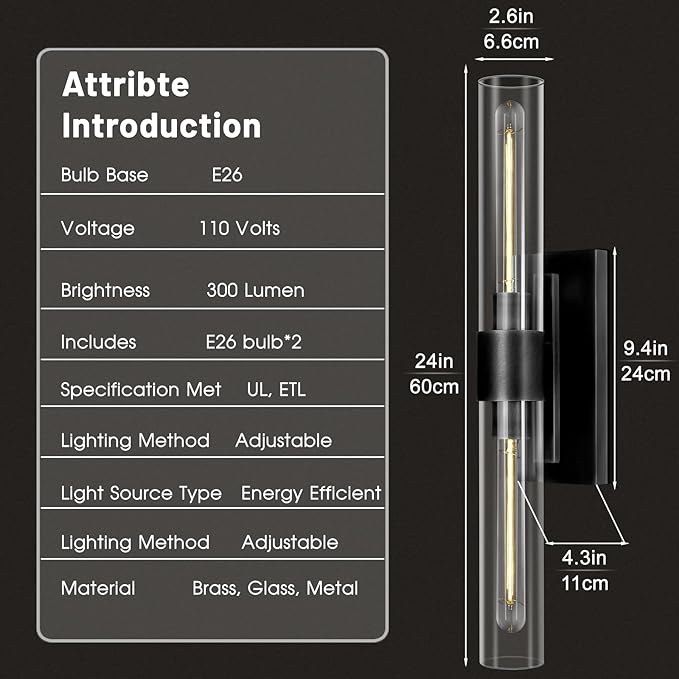 Bathroom Black Vanity Wall Sconces, 2-Light Glass Tube Wall Sconces, Horizontal - Image 2