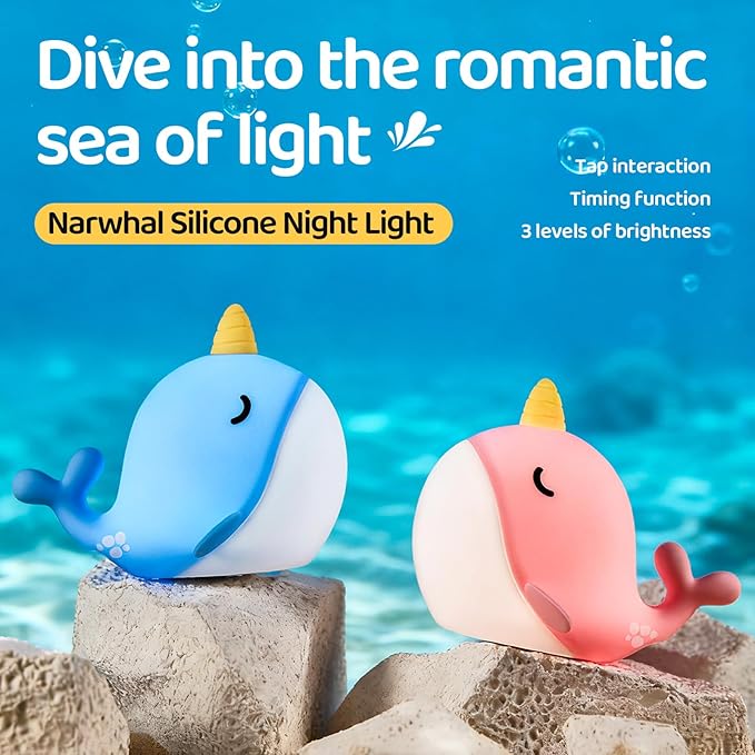 Cute Whale Night Light, Soft Narwhal Silicone LED Night Lamp, Rechargeable - Image 8