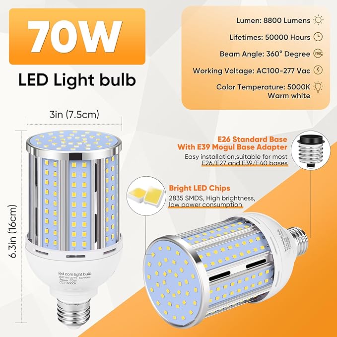 70W LED Corn Light Bulb, Fanless E26/E39 Medium/Large Mogul Base LED Cob Lamp - Image 3