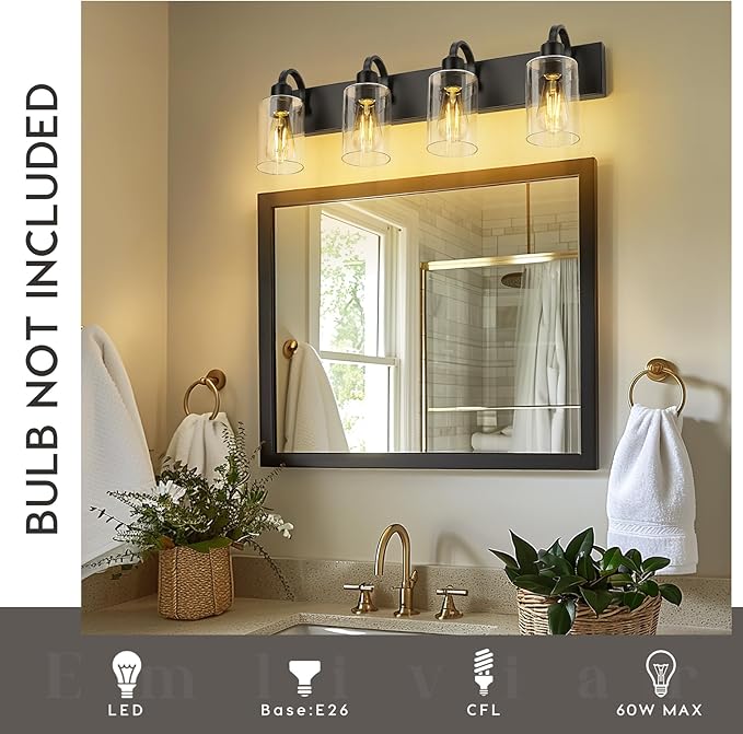 Emliviar Black Bathroom Vanity Light 4 Lights, Bath Lighting Over Mirror - Image 3