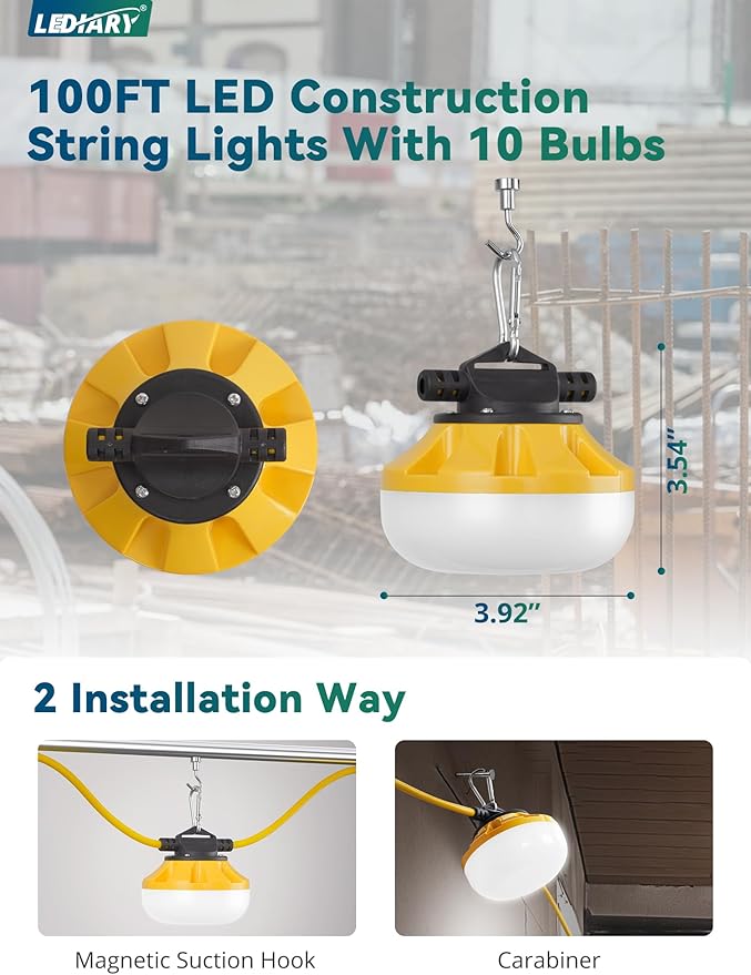 LEDIARY 100FT LED Construction String Lights, 100W 10000LM String Work Light - Image 3