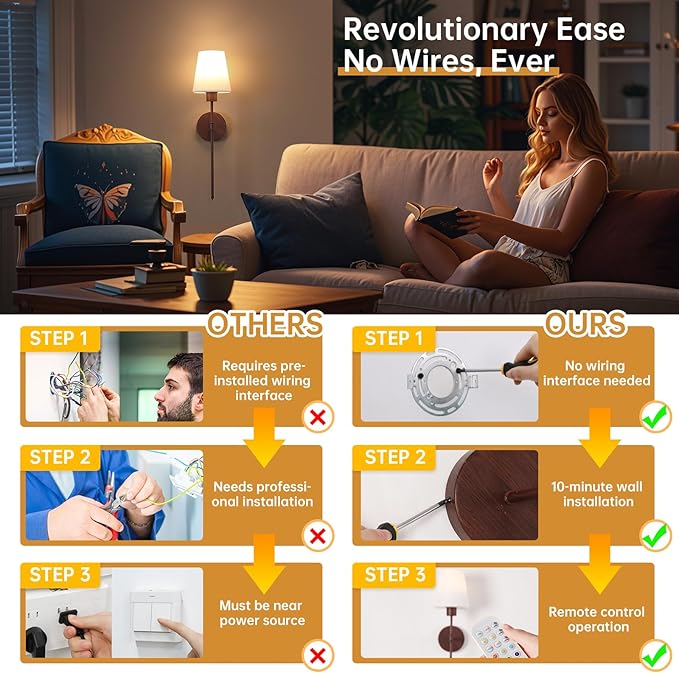 Battery Operated Wall Sconces Set of 2, Walnut Color Wall Lamp 5000 mAh - Image 4