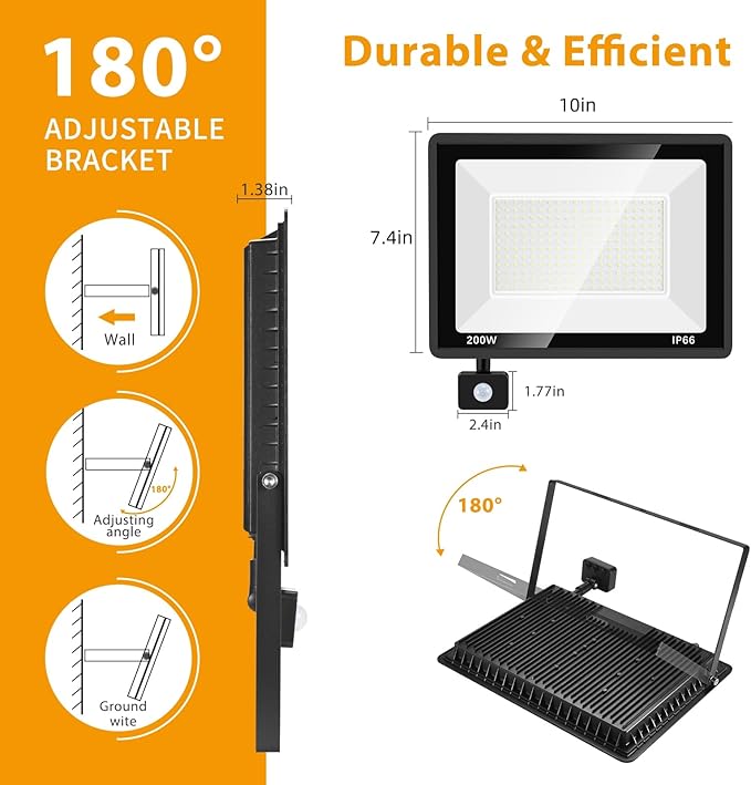 2 Pack 200W LED Motion Sensor Flood Light, Super Bright IP66 Waterproof Outdoor - Image 6