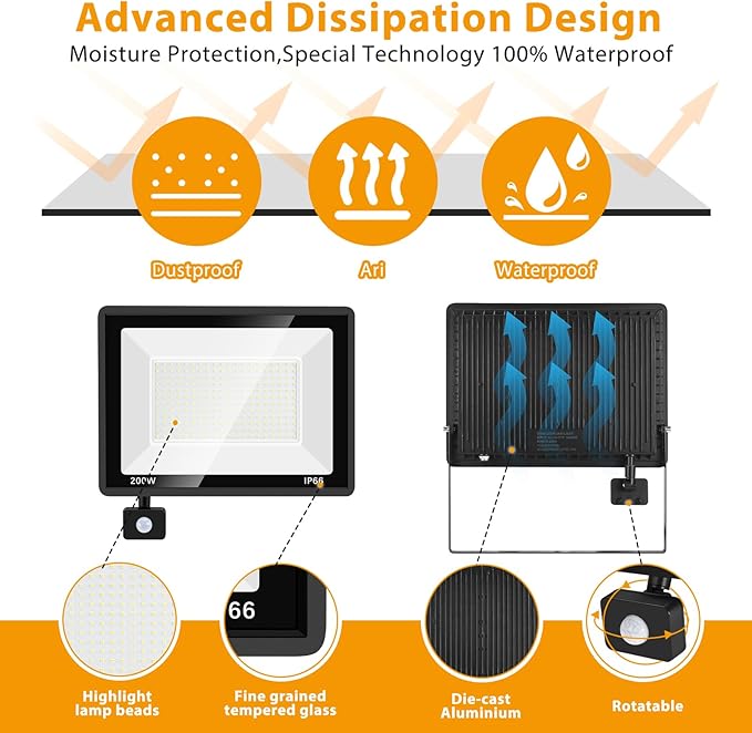 2 Pack 200W LED Motion Sensor Flood Light, Super Bright IP66 Waterproof Outdoor - Image 3