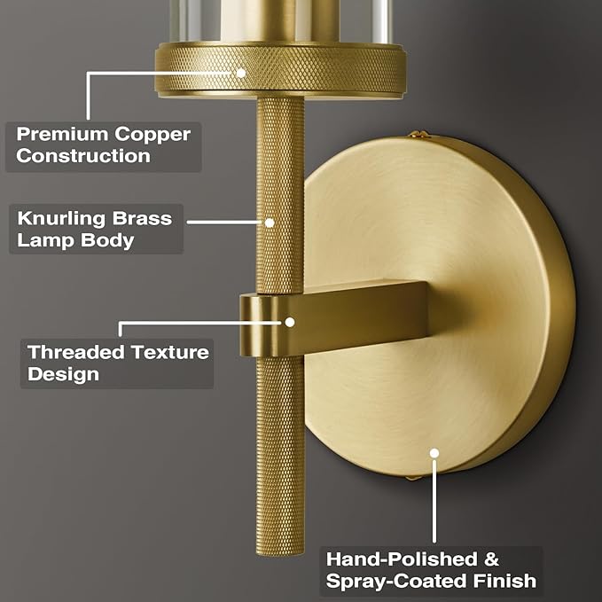 Gold Wall Sconces Set of Two, 19.48" Knurled Gold Wall Lighting - Image 6