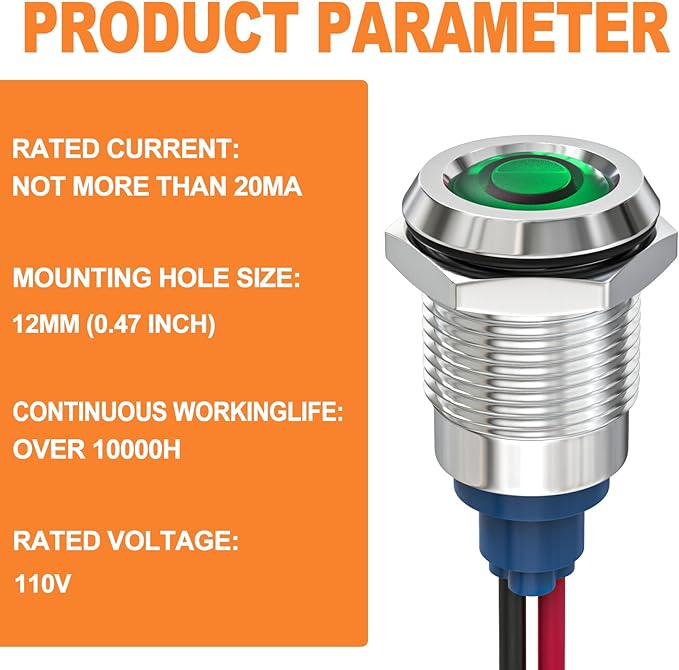 GASHER 5 PCS Energy Saving Indicator Light, LED Light 12V/24V/110V 20mA Panel - Image 2