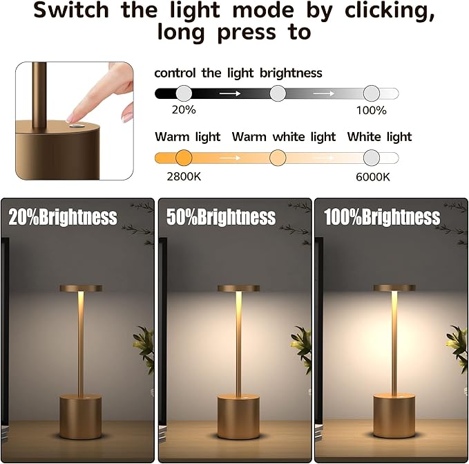 2Pack Cordless Table Lamp, Rechargeable LED Battery 5000mAh Metal USB Portable - Image 2
