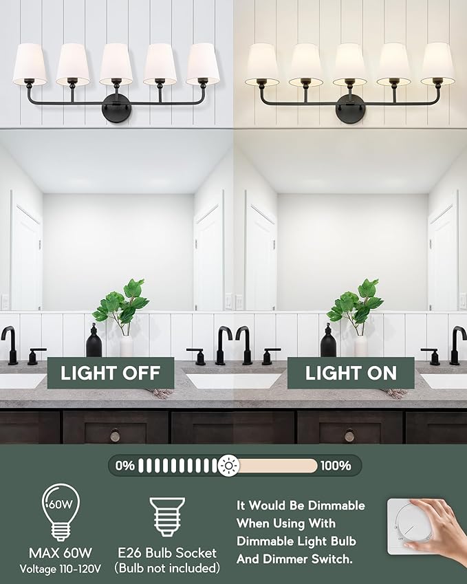 Bathroom Light Fixtures, 5 Light Matte Black Vanity Lights - Image 5
