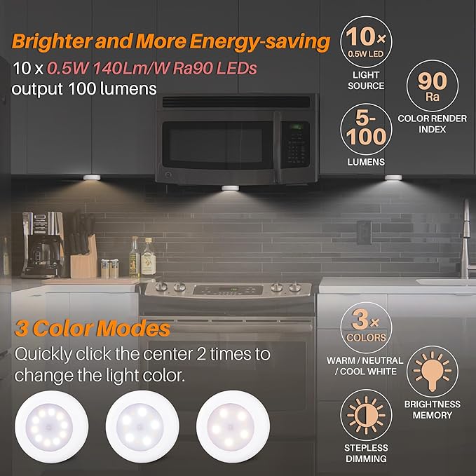 STAR-SPANGLED 4 Pack 3.1” Dimmable Push Tap Lights, Stick on LED Touch Puck - Image 7