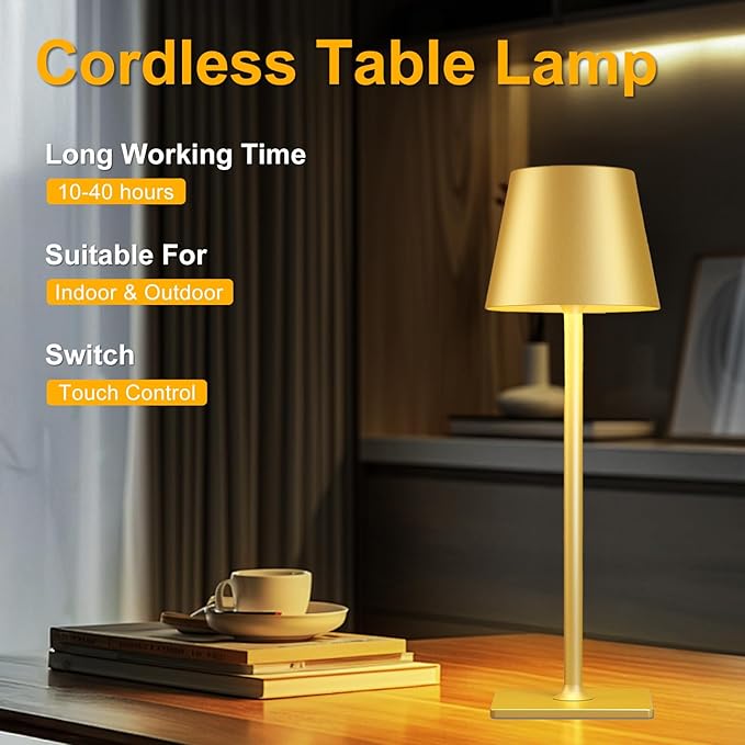 2 Pack Gold Rechargeable Table Lamps, Cordless Lamp - Image 5