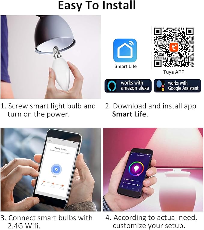 Vinaco E12 Smart LED Bulb 5W 600LM, 4 Pack E12 LED Light Bulbs Color Changing - Image 8