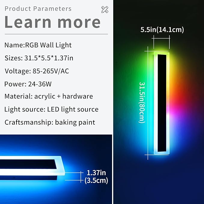 Widened 2 Pack Modern Outdoor Wall Sconces, 31.4inch RGB Dimmable LED Lights - Image 2