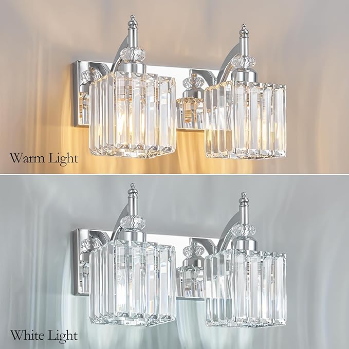 Modern Bathroom Vanity Light 2-Light Chrome Crystal Light Fixtures Over Mirror - Image 2