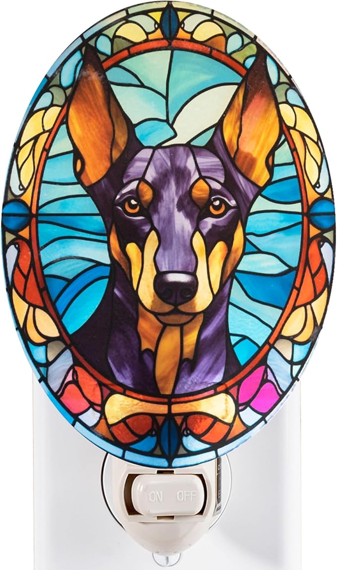 Stained Glass Styled Doberman Night Light – Real Glass Plug-in Dog Night Light by Unknown