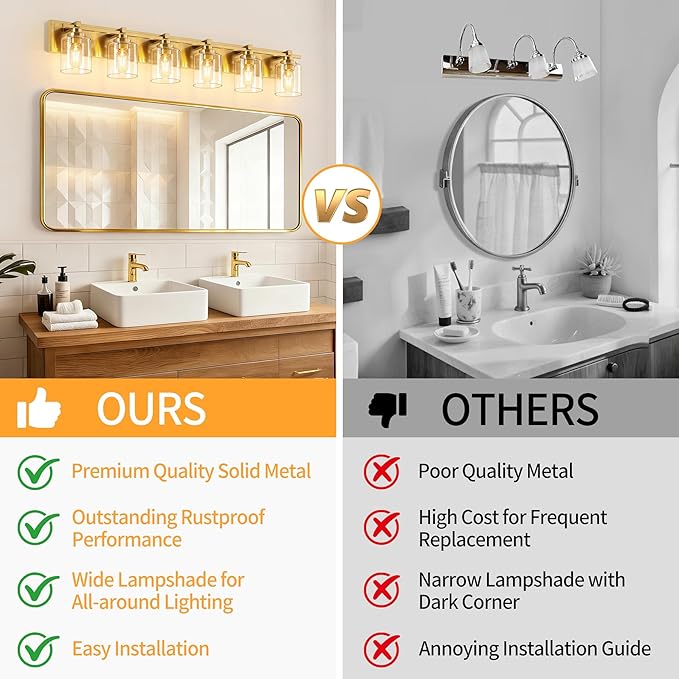 6 Light Modern Bathroom Light Fixtures Over Mirror, Brass Finish Vanity Lights - Image 8
