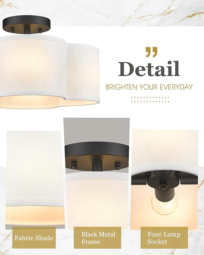 Black Semi Flush Mount Ceiling Light, Close to Ceiling Light Fixtures - Image 4