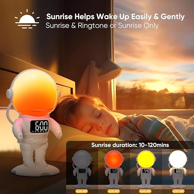 Astronaut Sunrise Alarm Clock for Kids, 22 Dimmable Nightlights, Dual Digital - Image 2
