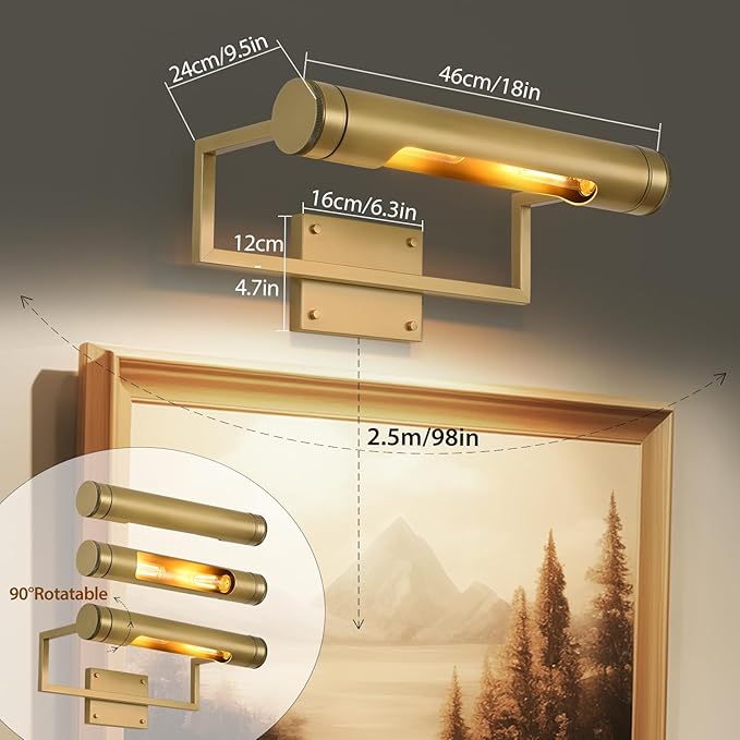 18in Picture Lights Hardwired Brass Picture Light, 360°Rotatable Art Light - Image 3