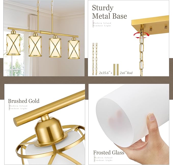 4-Light Kitchen Island Lighting, Brushed Gold Linear Dining Room Light Fixtures - Image 2