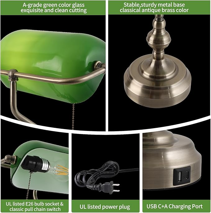 Green Glass Banker's Desk Lamp, Antique Banker Desk Lamps, Traditional Library - Image 6