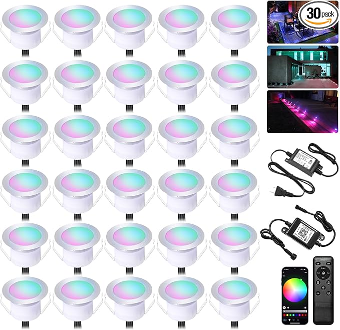 INDARUN Deck Lights Outdoor Waterproof 30 pcs, Φ1.22 RGB Smart 12V Low Voltage by INDARUN