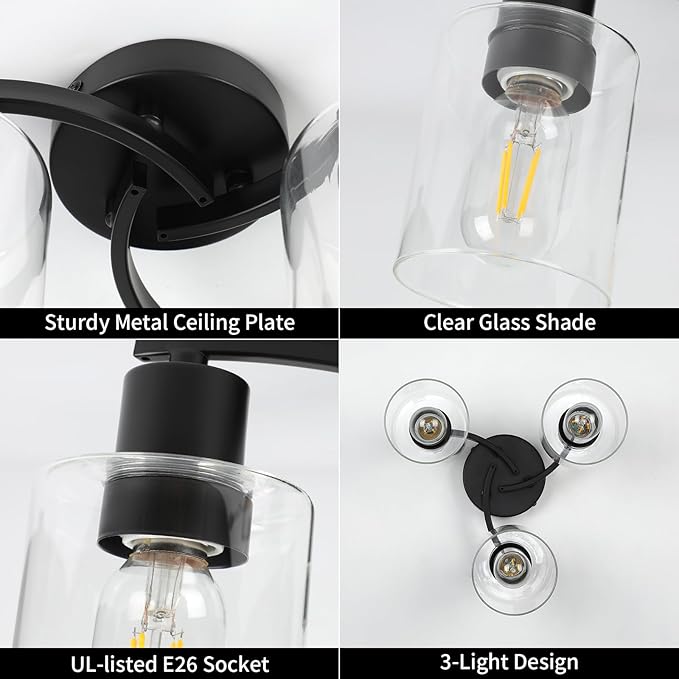 WILON Black Flush Mount Ceiling Light, Farmhouse Kitchen Lighting Fixtures - Image 4