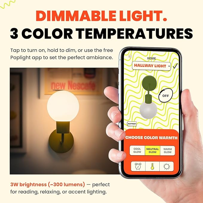 Wireless Wall Sconce Rechargeable & Dimmable LED Light w/App Control & - Image 3