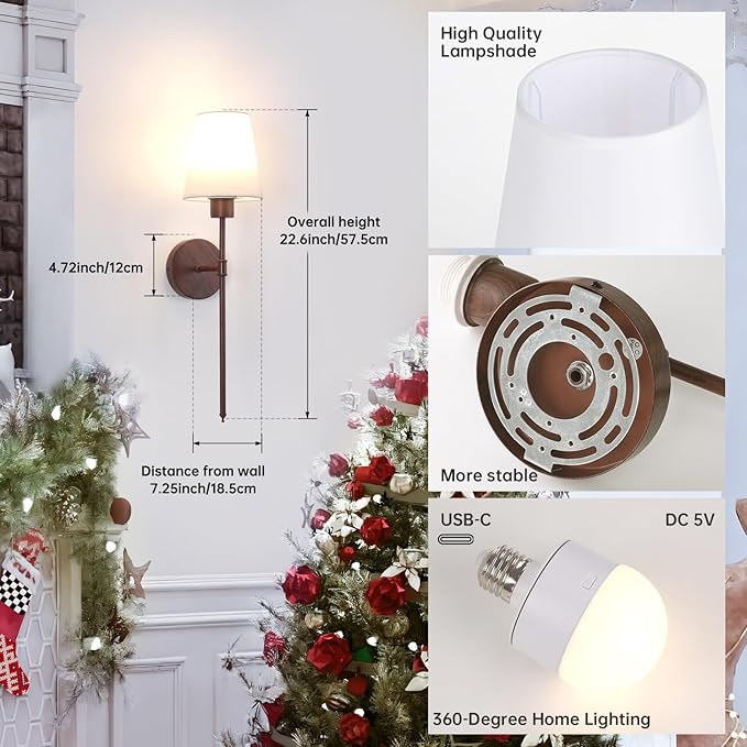 Battery Operated Wall Sconces Set of 2, Walnut Color Wall Lamp 5000 mAh - Image 9